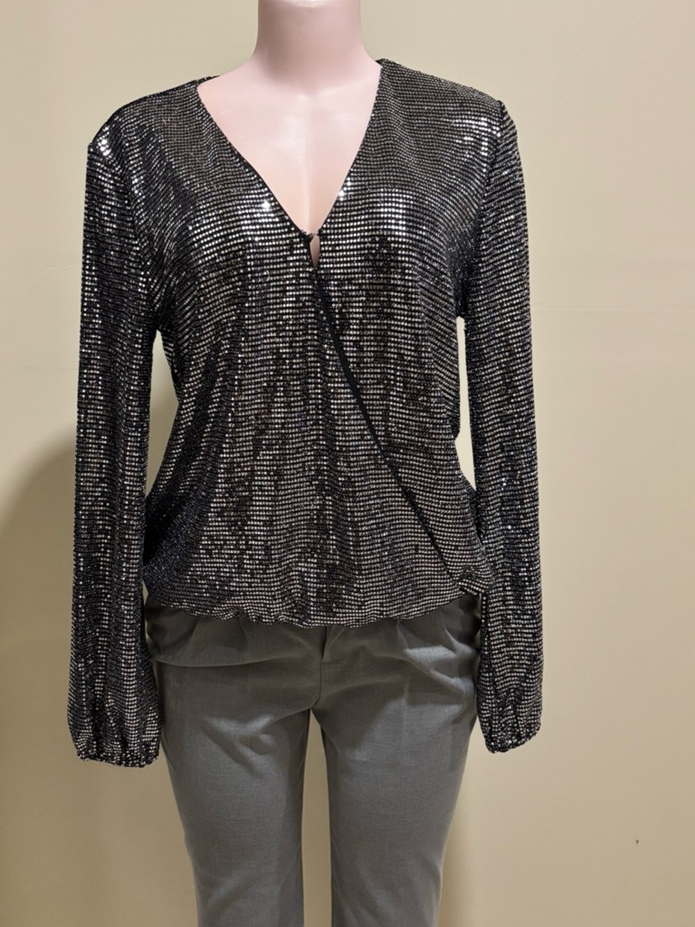 INC International Concepts Black Sequin V-Neck Long Sleeve Top